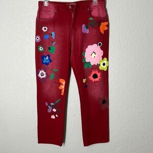 Misslook Vintage Floral Red Jeans. Painted art. Sz XL. EUC Highrise